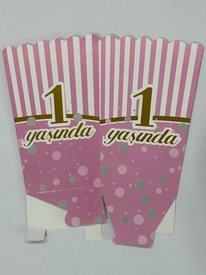 1 Yaş Doğum Günü Pembe Popcorn Kutusu, 8 Adet, Çizgili ve Puantiyeli Tasarım, Parti Süslemesi