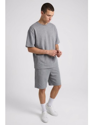 Gri Melanj Oversize Fit Basic Erkek Şort Takım - 85292