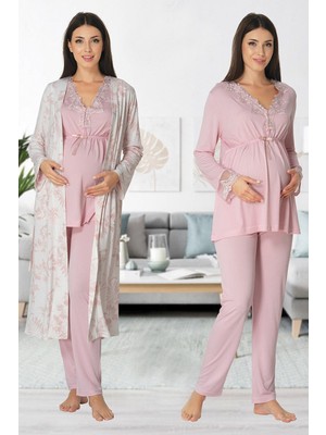 Effort Pudra Renkli Sabahlıklı Lohusa Pijama Takımı %85 Pamuk Rahat Kullanım Özellikli