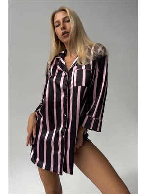 Coccolarsi Strisce Nere Larghe Saten Uzun Tunik Gecelik