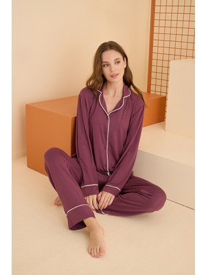 NBB Mürdüm Viskon Önden Düğmeli Pijama Takımı