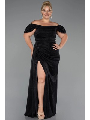 Abiyefon Kayık Yaka Uzun Simli Büyük Beden Abiye ABU2658