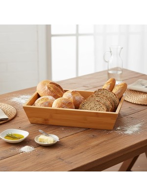 Bambu Ekmek Sepeti ve Sunumluk (33X15X7 Cm) | Doğal Ahşap Modern Meyve, Sebze ve Servis Sepeti | Antibakteriyel ve Şık Tezgah Üstü Düzenleyici