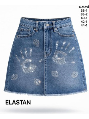 Miss Poem Kadın Açık Mavi Taş Detaylı Mini Jean Etek