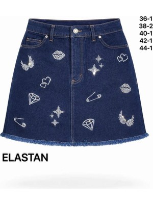 Miss Poem Kadın Lacivert Taş Figürlü Mini Jean Etek