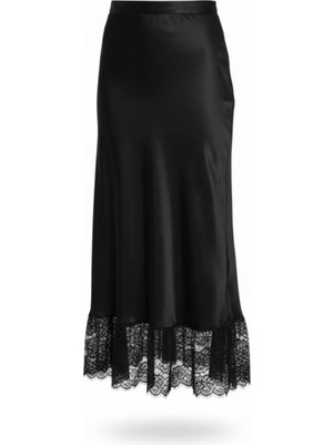 Miss Poem Kadın Siyah Dantel Detaylı Saten Midi Etek