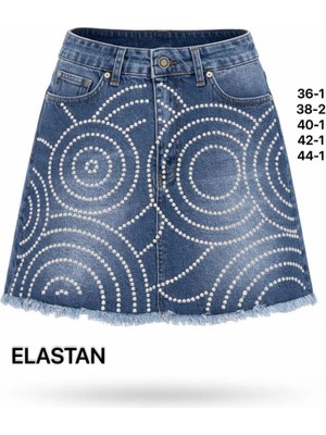 Miss Poem Kadın Orta Mavi Taş Desenli Mini Jean Etek