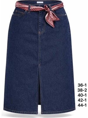 Miss Poem Kadın Lacivert Fular Kemer Detaylı Yırtmaçlı Denim Midi Etek