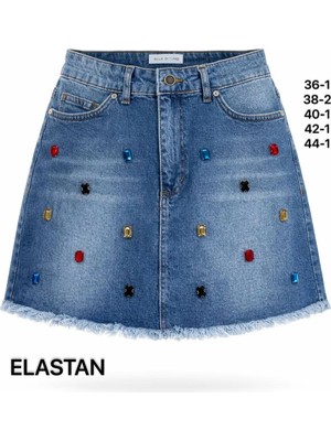 Miss Poem Kadın Orta Mavi Taş Detaylı Mini Jean Etek