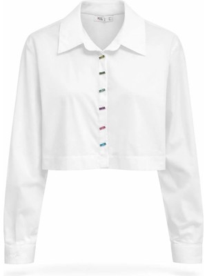 Miss Poem Kadın Beyaz Renkli Düğme Detaylı Crop Gömlek
