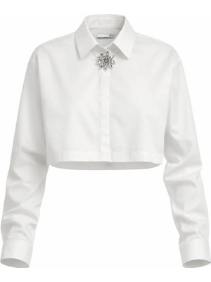 Miss Poem Kadın Beyaz Broş Detaylı Crop Gömlek
