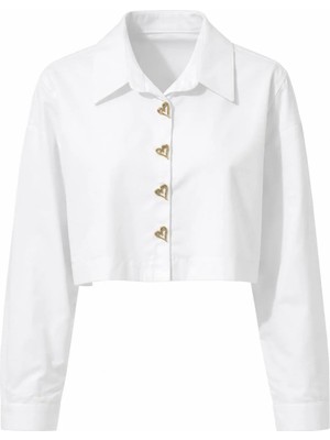 Miss Poem Kadın Beyaz Kalp Düğme Detaylı Crop Gömlek