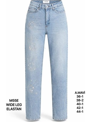 Miss Poem Kadın Açık Mavi Taşlı Yüksek Bel Wide Leg Jean Pantolon