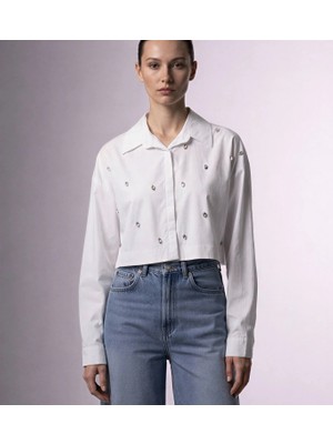 Miss Poem Kadın Beyaz Taş Detaylı Crop Gömlek