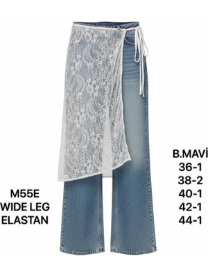 Miss Poem Kadın Buz Mavi Dantelli Yüksek Bel Wide Leg Jean Pantolon