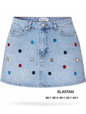 Miss Poem Kadın Açık Mavi Taş Işlemeli Mini Jean Etek