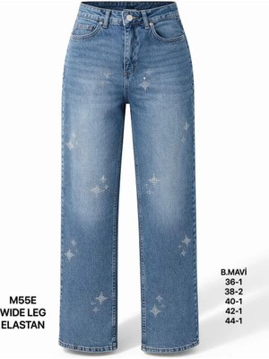 Miss Poem Kadın Buz Mavi Taş Detaylı Yüksek Bel Wide Leg Jean Pantolon