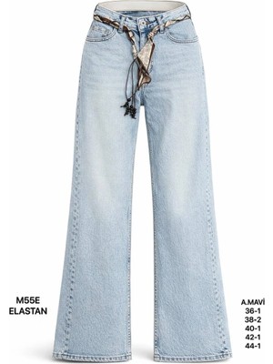 Miss Poem Kadın Açık Mavi Kemer Detaylı Yüksek Bel Wide Leg Jean Pantolon