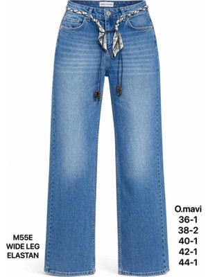 Miss Poem Kadın Orta Mavi Kemer Detaylı Yüksek Bel Wide Leg Jean Pantolon