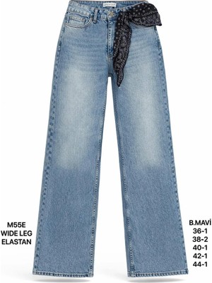 Miss Poem Kadın Buz Mavi Fularlı Yüksek Bel Wide Leg Jean Pantolon