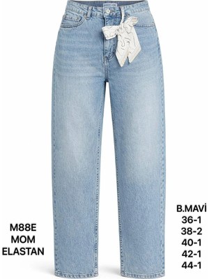 Miss Poem Kadın Buz Mavi Dantel Kemer Detaylı Yüksek Bel Mom Fit Jean Pantolon