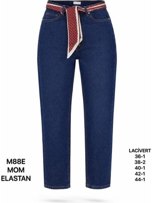Miss Poem Kadın Lacivert Fular Kemer Detaylı Yüksek Bel Mom Fit Jean Pantolon