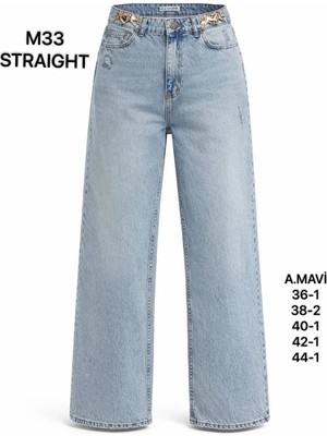 Miss Poem Kadın  Straight Paça Açık Mavi Yüksek Bel Jean Pantolon