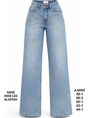 Miss Poem Kadın A.mavi Taş Detaylı Wide Leg Jean Pantolon