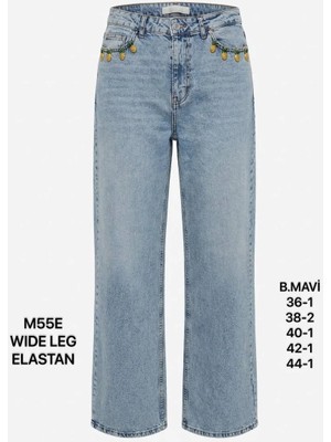 Miss Poem Kadın Buz Mavi Ananas Aksesuarlı Yüksek Bel Wide Leg Jean Pantolon