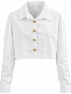 Miss Poem Kadın Beyaz Gold Güneş Düğme Detaylı Crop Gömlek