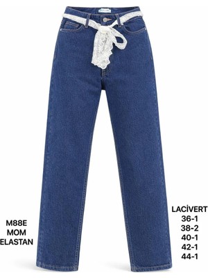Miss Poem Kadın Lacivert Dantel Kemer Detaylı Yüksek Bel Mom Fit Jean Pantolon