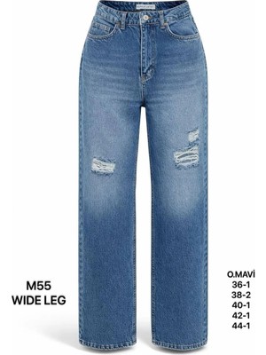Miss Poem Kadın Orta Mavi Yırtık Detaylı Wide Leg Jean Pantolon
