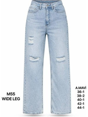 Miss Poem Kadın Açık Mavi Yırtık Detaylı Wide Leg Jean Pantolon