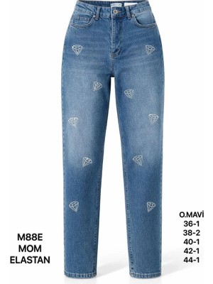 Miss Poem Kadın Mavi Yüksek Bel Taş Detaylı Mom Fit Jean Pantolon