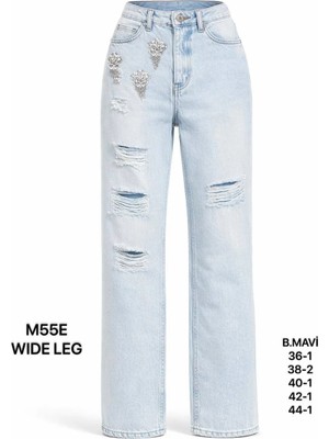 Miss Poem Kadın Buz Mavi Yırtık Taş Detaylı Wide Leg Jean Pantolon