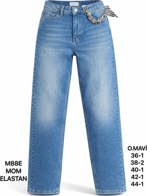Miss Poem Kadın Mavi Fular Detaylı Yüksek Bel Mom Fit Jean Pantolon