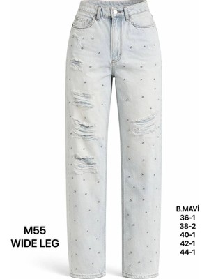 Miss Poem Kadın Buz Mavi Taş Detaylı Yırtık Wide Leg Jean Pantolon