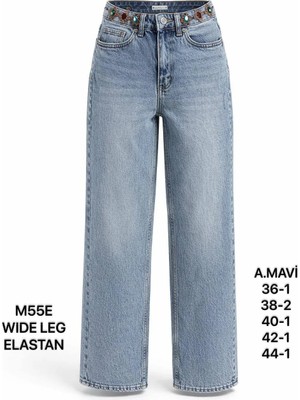 Miss Poem Kadın A.mavi Taş Detaylı Yüksek Bel Wide Leg Jean Pantolon