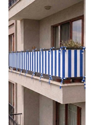 Devrim Olivya Tekstil Mavi-Beyaz Bağcıklı Balkon Perdesi Demir Kapama Gizlilik Sağlayan Dayanıklı Branda