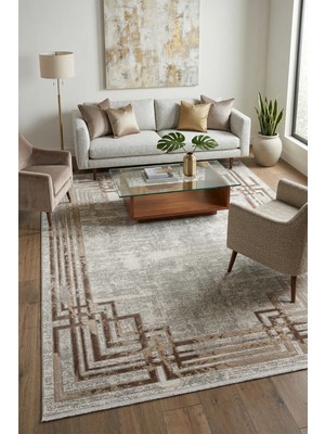 Ceremony Home Saçaklı Modern Krem Kahve Oturma Odası Halısı ve Salon Halısı, Halı