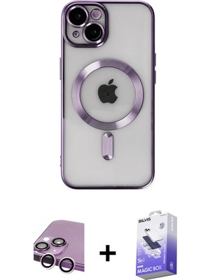 BUTİMAR'S iPhone 14 Nova Işık Özel Seri - Siyah Bilvis 5in1 5d Magic Hayalet Cam Ekran Koruyucu + Mor Raze Metal Kamera Lens