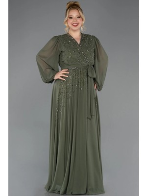 Abiyefon Uzun Kol Taş Işlemeli Şifon Büyük Beden Abiye ABU3075