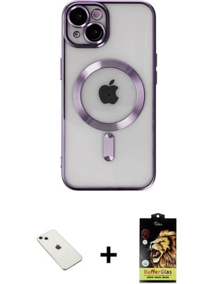 BUTİMAR'S iPhone 14 Nova Işık Özel Seri - Siyah Buffer Cam Ekran Koruyucu + Pembe Diamond Kamera Lens