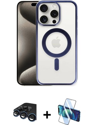 BUTİMAR'S iPhone 15 Pro Siluet Çizgi Serisi - Siyah 3D Antistatik Seramik Nano Ekran Koruyucu + Lacivert Raze Metal Kamera Lens