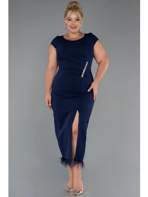 Kısa Kol Yırtmaçlı Midi Büyük Beden Davet Elbisesi ABK2340