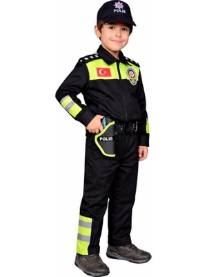 Single Sword Unisex Çocuk Polis Kıyafeti (Şapka, Gömlek, Pantolon Takımı)  - 8-Yunus
