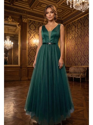 Prlineüstü Saten Altı Tül Kolsuz Abiye Elbise