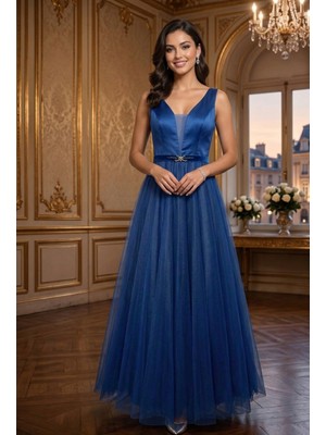 Prlineüstü Saten Altı Tül Kolsuz Abiye Elbise