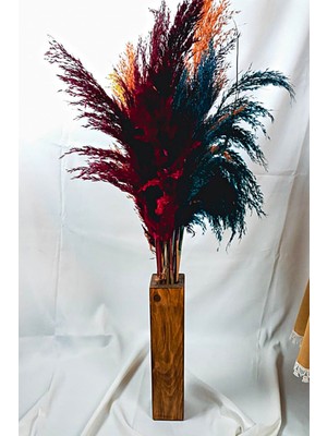 Alyones 2'li Set Ahşap Vazo ve 15'li Karışık Renk Pampas 40 cm Düz Tasarım Renkli