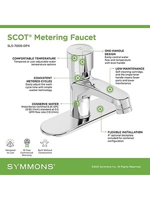 SLS-7000-DP4 Scot Ölçüm Lavabo Musluğu 10,16 cm Cilalı Krom Güverte Plakası (0,5 Gpm)